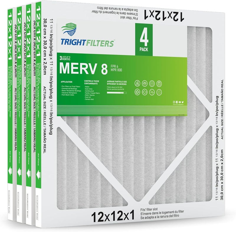 TRIGHTFILTERS فلتر هواء 12x12x1 عبوة 4، فلتر هواء مرف 8 مطوي للدفاع عن الغبار، بديل لفلتر مكيف الهواء HVAC، فلتر فرن، متين وخفيف الوزن - Image 1